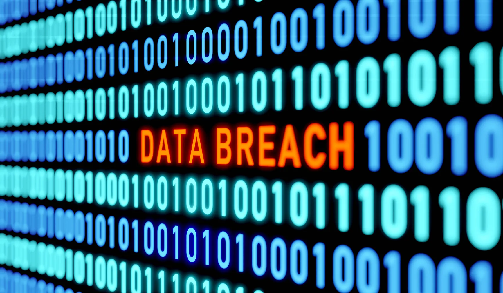 Data breach — binary code with DATA BREACH highlighted in red