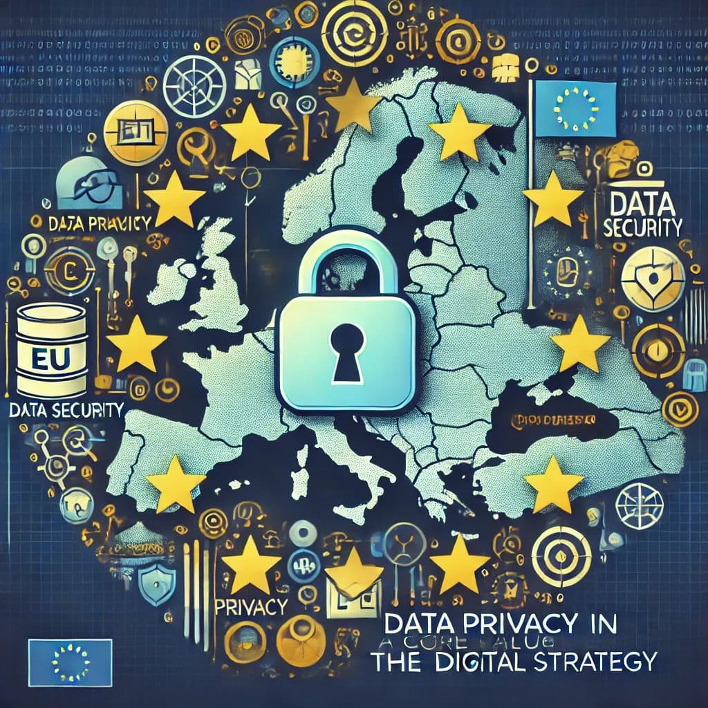 Data privacy as a core value in the EU's digital strategy — Europe map with security and privacy symbols