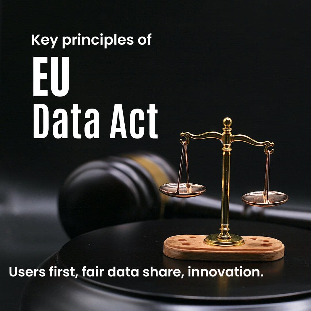 Key principles of the EU Data Act — scales of justice representing users first, fair data sharing, and innovation